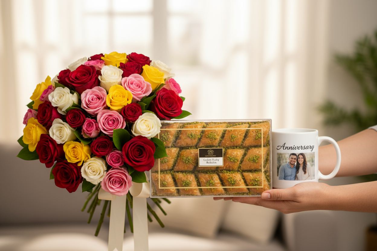 make it look like someone is handing it to you and look real 

Bakhlava 500 gm + Mix Roses + Banquet Anniversary Picture Mug ek zabardast 3-in-1 gift set hai: rich, flaky bakhlava; rang-birangi mix roses; aur ek custom picture mug jisme “Anniversary” ya aapki pasand ki tasveer hogi. Jab gift ho yaadgari ho, toh ye combination dil se dene wala surprise hoga.