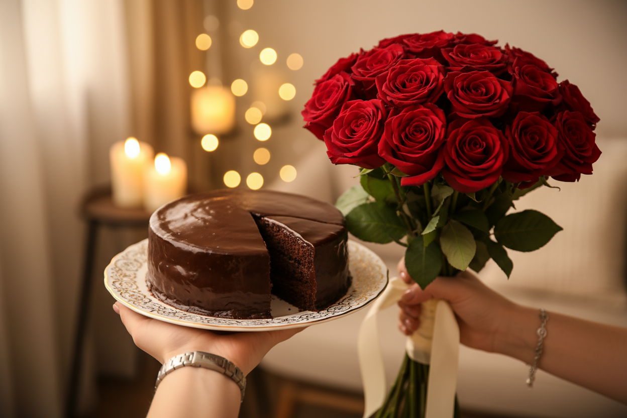 Make it look like someone is handing this to you

Chocolate Fudge Cake 2 lbs + Dozen Red Desire Roses (Local) ek lazeez aur jazbaati combo hai — rich chocolate fudge cake aur barah laal gulabon ka bouquet jo mohabbat aur luxury ka izhar hai. Cake har slice mein fudgy sweetness laayega, gol-mol cream-frosting ya ganache ke saath, aur saath me glimmer-si presentation. Gulab puroos rang ke, taazgi se bharay aur khushboo se mehke hue honge — jise dekh ke chehra muskuraye.
