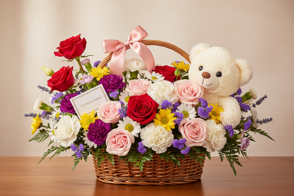 make it look real

Khushboo bhare phool aur ek pyara teddy — ye basket har dil ko jeet le. Ek romantic aur dilchasp gift idea.

🎁 Includes:

Mix flowers basket

Teddy bear

Free greeting card aapke paighaam ke saath

Free delivery poori Pakistan mein

💐 Perfect For:
Birthday, love, friendship, ya special surprise ke liye