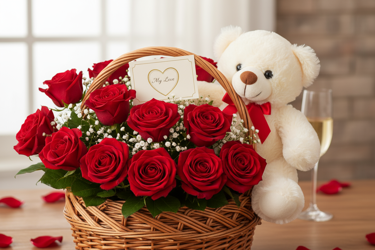 make it look really real

Ek pyari aur romantic basket jismein laal gulab aur teddy bear dono shamil hain — mohabbat aur care ka perfect izhar.

🎁 Includes:

Red roses basket

Cute teddy bear

Free greeting card aapke paighaam ke saath

Free delivery poori Pakistan mein

💐 Perfect For:
Love, Valentine’s Day, ya anniversary gifts ke liye
