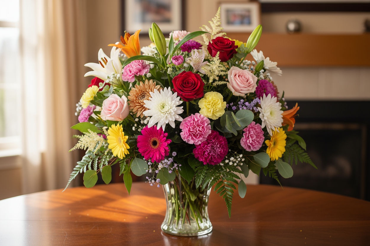 make it look very real
60 mix phoolon ka vase arrangement jo har jagah khushbu aur rangon se bhar dega. Har occasion ke liye ek classy choice.

🎁 Includes:

5 Dozen taaza mix phool vase mein

Free greeting card aapke paighaam ke saath

Free delivery poori Pakistan mein

💐 Perfect For:
Anniversary, home décor, congratulations, ya celebrations ke liye