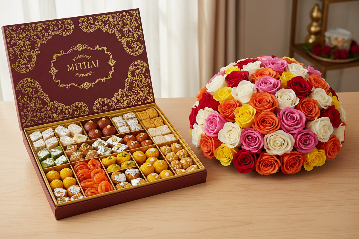 Mix Mithai 1 kg + Rosette 18 Mix Roses (Local) ek dil se diye jaane wala peshkash hai — assorted desi mithai ka swaad aur 18 mix phoolon ka rosette styling ka husn. Jab gift ho special, yeh combo har bite mein mithaas, har ghulne wale pal mein phoolon ki saugat hogi.

Kyun Chunein Ye Sweet-Floral Combo?

🍬 1 kg Mix Mithai: Assorted mithai jisme traditional swaad ho — barfi, gulab jamun, etc., jo mooh mein ghul jaayein.

🌸 18 Mix Roses (Rosette Style, Local): Mix rangon ke gulaab jo rosette mein tayyar kiy