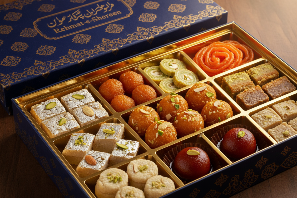 Mix Mithai Rehmat-e-Shereen ek zabardast mithai ka box hai jisme alag-alag traditional sweets shaamil hain — har bite mein mithaas, texture aur flavour ka mel hoga. Ye box un lamhon ke liye hai jab chaho ke gift ho, apno ke saath share ho, ya sirf ek meetha moment ho jisse yaad rahe.

Kyun Chunein Mix Mithai Rehmat-e-Shereen?

🍬 Assorted Flavours &amp; Textures: Har mithai different hogi — kuch creamy, kuch nutty, kuch syrupy — jise share karne mein alag maza aata hai.
🎁 Premium Brand Trust: Rehmat-e-Sher