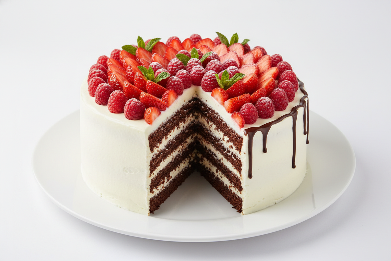 Rich chocolate aur taazi berries ka perfect combination 2.2 LBS ke is cake mein! Yeh cake chocolate aur fresh fruit ke shauqeenon ke liye bana hai. Moist chocolate sponge, cream ki layer, aur upar se kati hui fresh berries (jaise strawberries/raspberries) ki sajawat isko bahut hi zaiqedaar aur khoobsurat bana deti hai.

🎁 Includes:

2.2 LBS (Approx. 1 kg) of fresh cake
Rich chocolate base paired with fresh berry slices
Light cream and beautiful fruit decoration
Free custom message 
from MARRIOTT HOTEL KARA