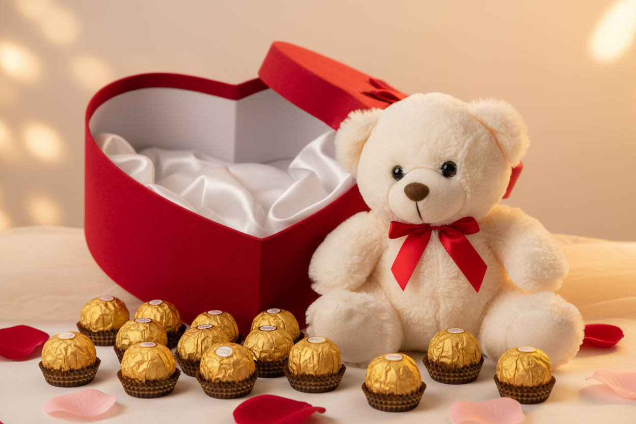 VERY REAL AND NOT AI AT ALL
Ek romantic combo jismein heart shape box, teddy bear aur Ferrero Rocher chocolates shamil hain — mohabbat ka perfect tohfa.

🎁 Includes:

Heart shape box

Teddy bear

Ferrero Rocher chocolates

Free greeting card

Free delivery poori Pakistan mein

💐 Perfect For:
Anniversary, Valentine’s Day, ya romantic surprise ke liye