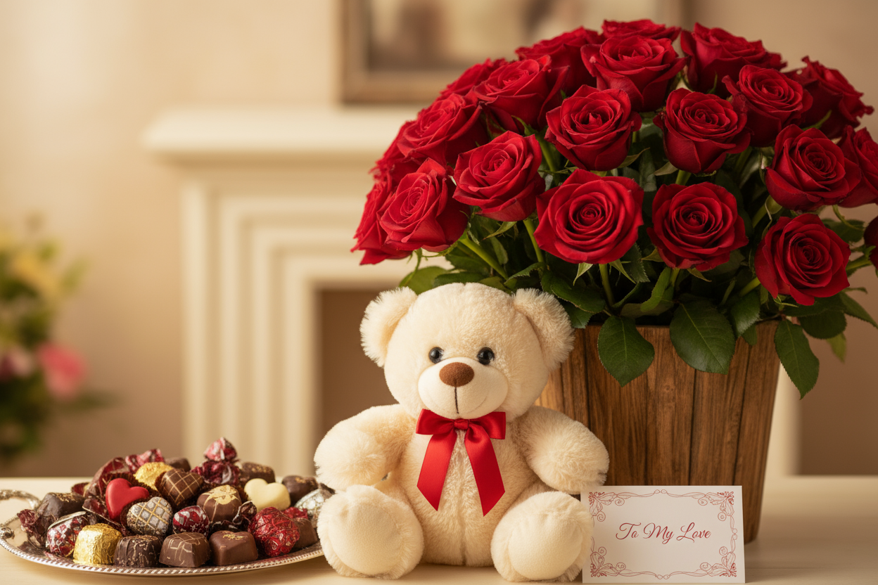 VERY REAL NOT AI 

Ek pyara aur dil chhoo lene wala combo — gulab, teddy bear, aur chocolates ka perfect mix pyaar ke izhar ke liye.

🎁 Includes:

Red roses

Teddy bear

Chocolates

Free greeting card

Free delivery poori Pakistan mein

💐 Perfect For:
Love surprises, birthdays, ya romantic occasions ke liye