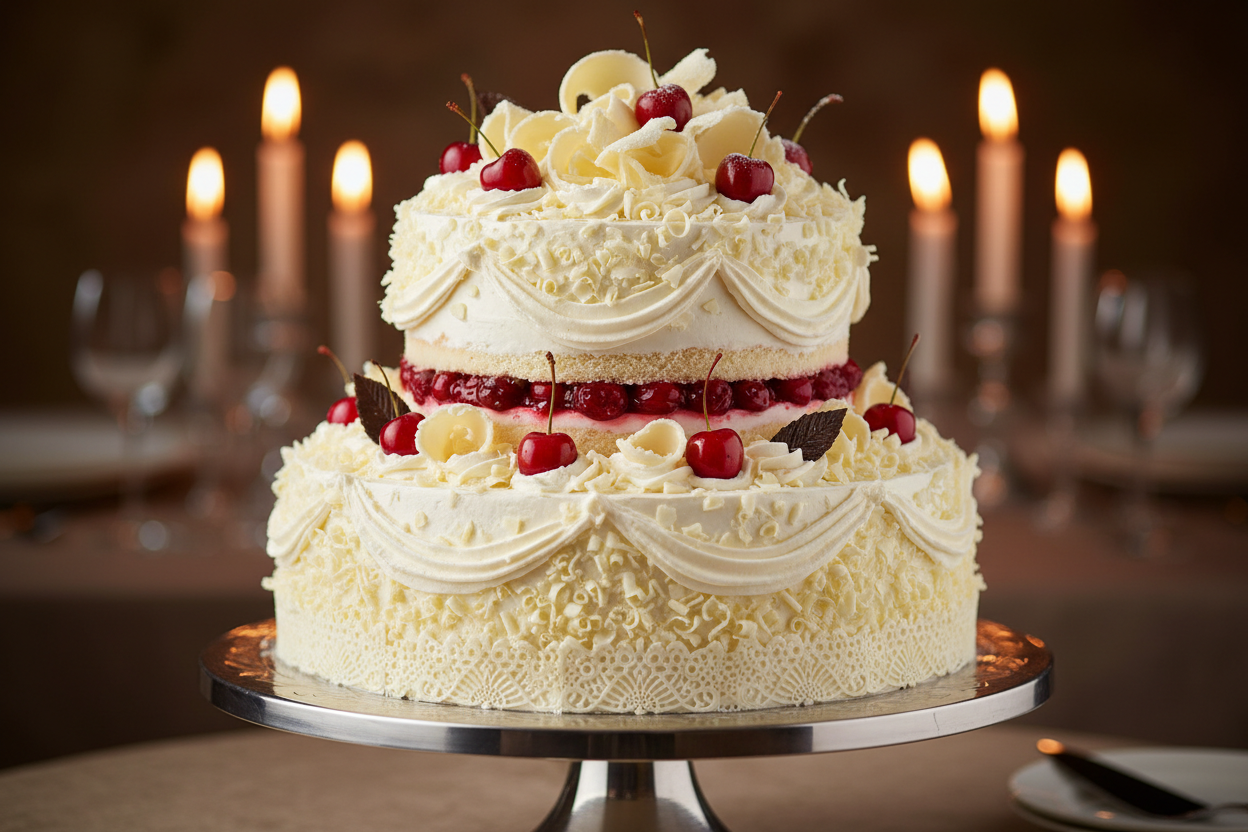 Weight &amp; Servings: Approx. 6 LBS (Serves 15–18 People)

Price: $90.00 (Price is an estimate; actual price varies by city/supplier)

Shipping calculated at checkout.



Description



👑 6 LBS ka Grand, Light, aur Elegant Showstopper! Yeh 2 Tier White Forest Cake large gatherings aur celebrations ke liye perfect hai. Isme soft, airy vanilla sponge layers ko freshly whipped cream, sweet cherry filling, aur white chocolate shavings ki generous layers se stack kiya jata hai. White Forest, classic Black Fore